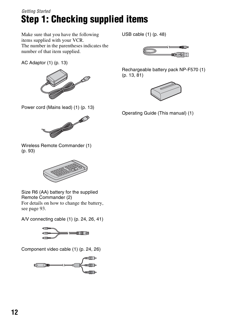 Getting started, Step 1: checking supplied items | Sony GV-HD700E User Manual | Page 12 / 112