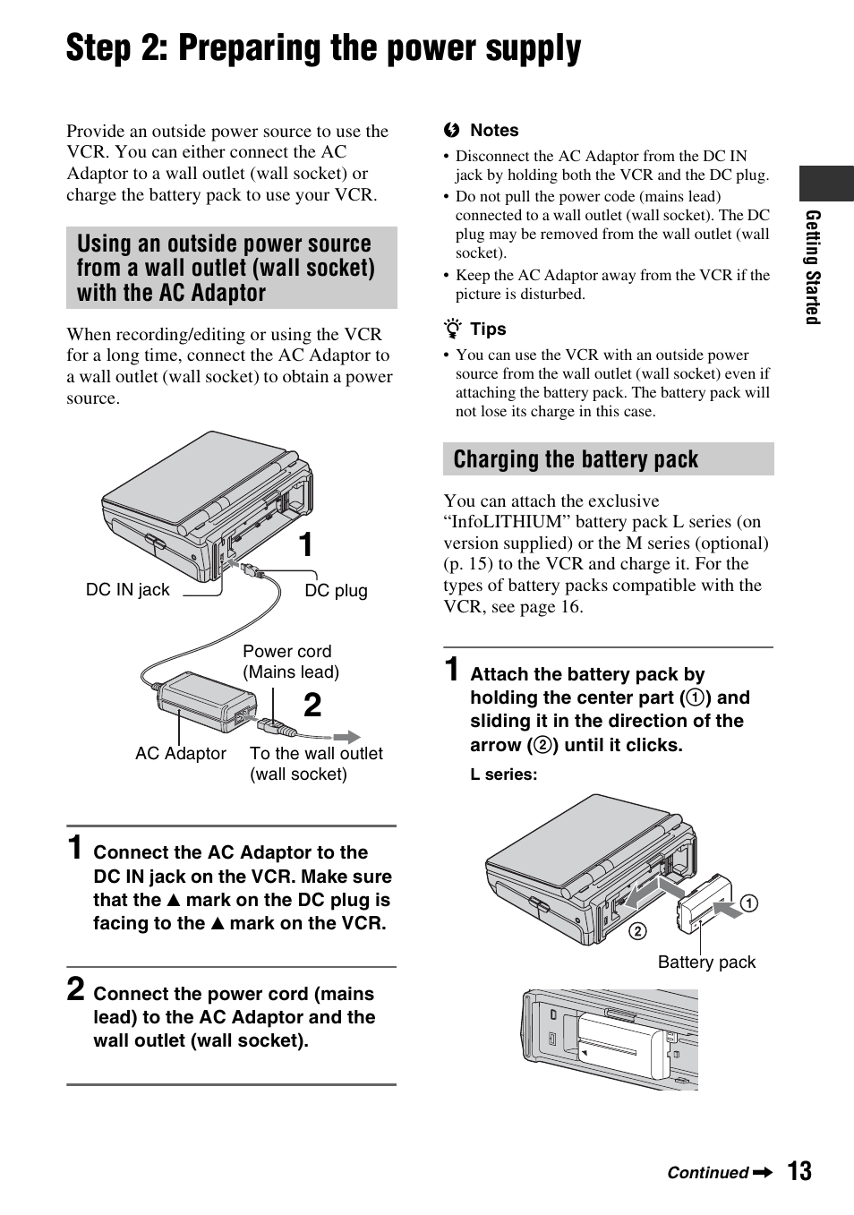 Step 2: preparing the power supply, P. 13), P. 13 | Charging the battery pack | Sony GV-HD700E User Manual | Page 13 / 112