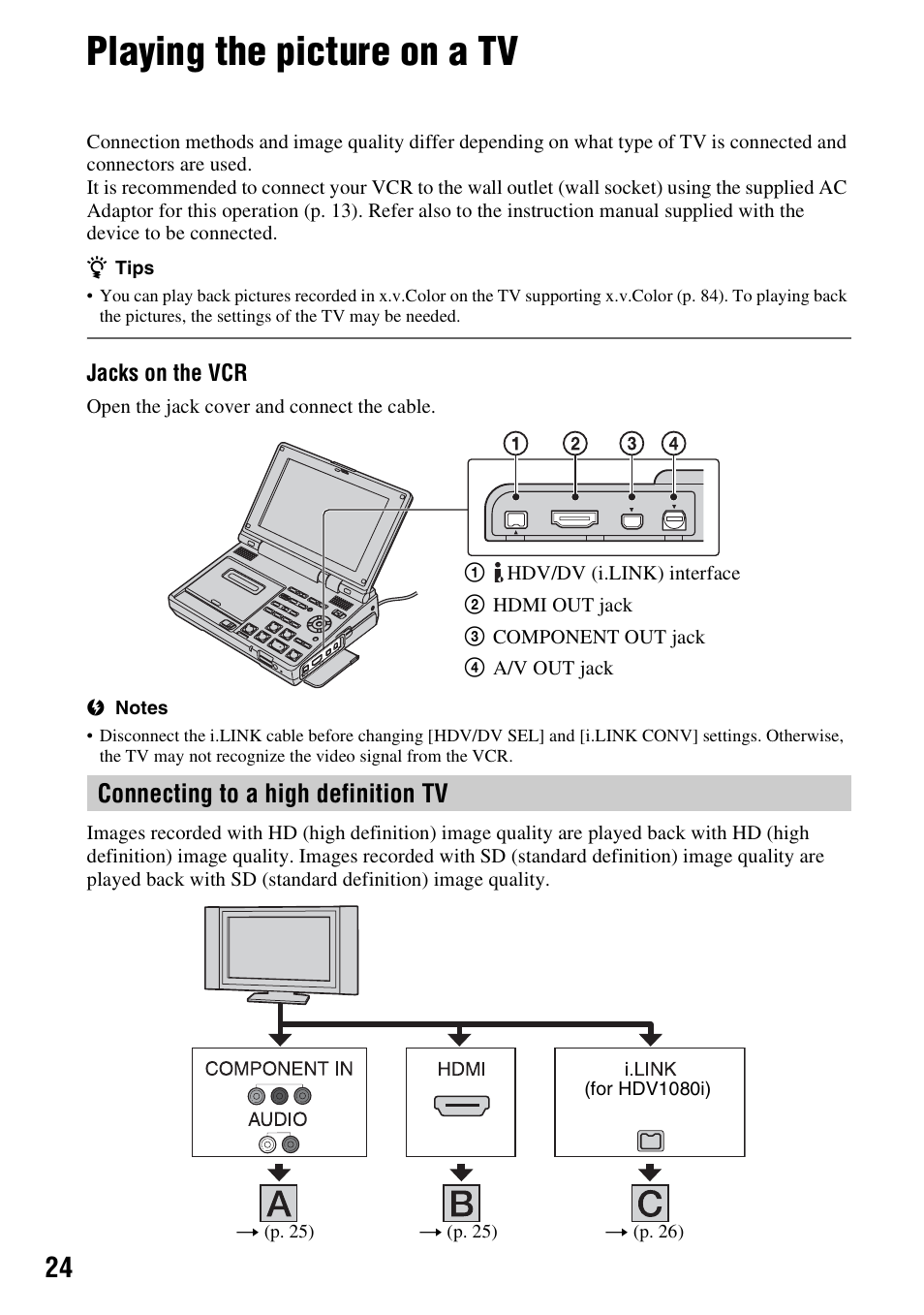 Playing the picture on a tv, P. 24, E (1) (p. 24 | Connecting to a high definition tv | Sony GV-HD700E User Manual | Page 24 / 112