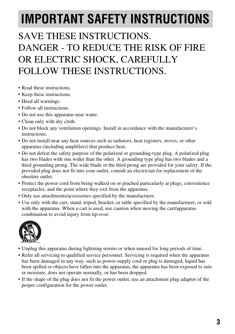 Important safety instructions | Sony GV-HD700E User Manual | Page 3 / 112