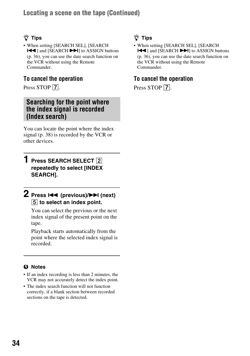 Searching for the point where the, Index signal is recorded (index search) | Sony GV-HD700E User Manual | Page 34 / 112