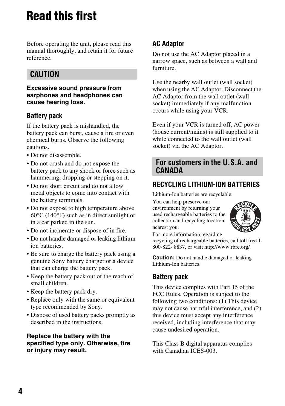 Read this first, Caution for customers in the u.s.a. and canada | Sony GV-HD700E User Manual | Page 4 / 112