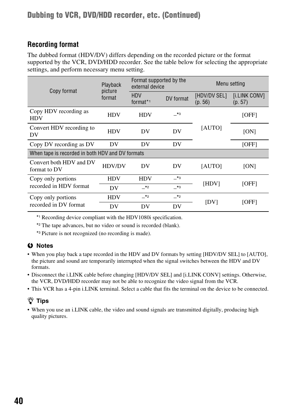 Dubbing to vcr, dvd/hdd recorder, etc. (continued), Recording format | Sony GV-HD700E User Manual | Page 40 / 112