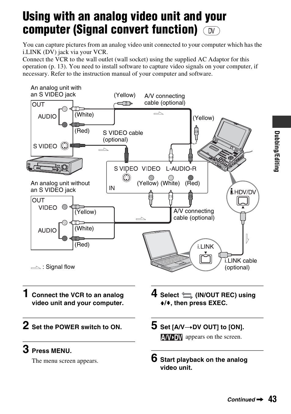Using with an analog video unit and, Your computer (signal convert function), P. 43 | Sony GV-HD700E User Manual | Page 43 / 112