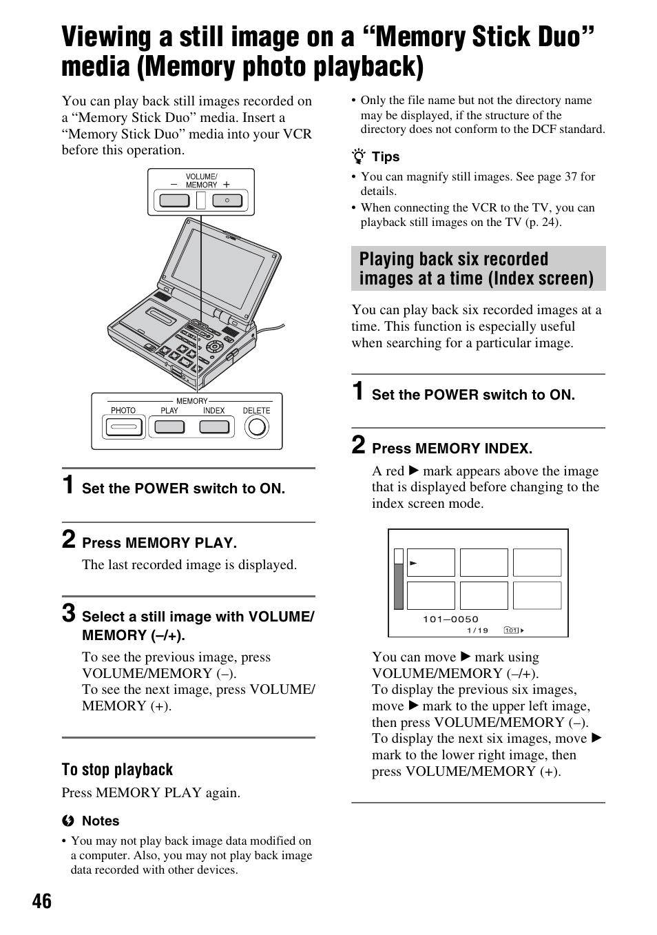 Viewing a still image on a “memory, Stick duo” media (memory photo playback) | Sony GV-HD700E User Manual | Page 46 / 112