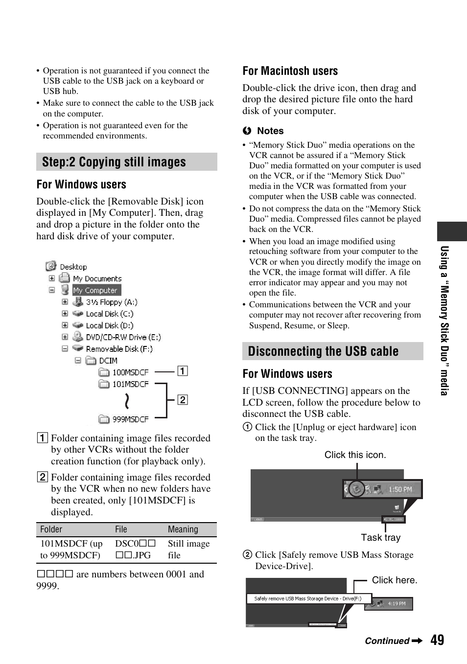 Step:2 copying still images, Disconnecting the usb cable | Sony GV-HD700E User Manual | Page 49 / 112