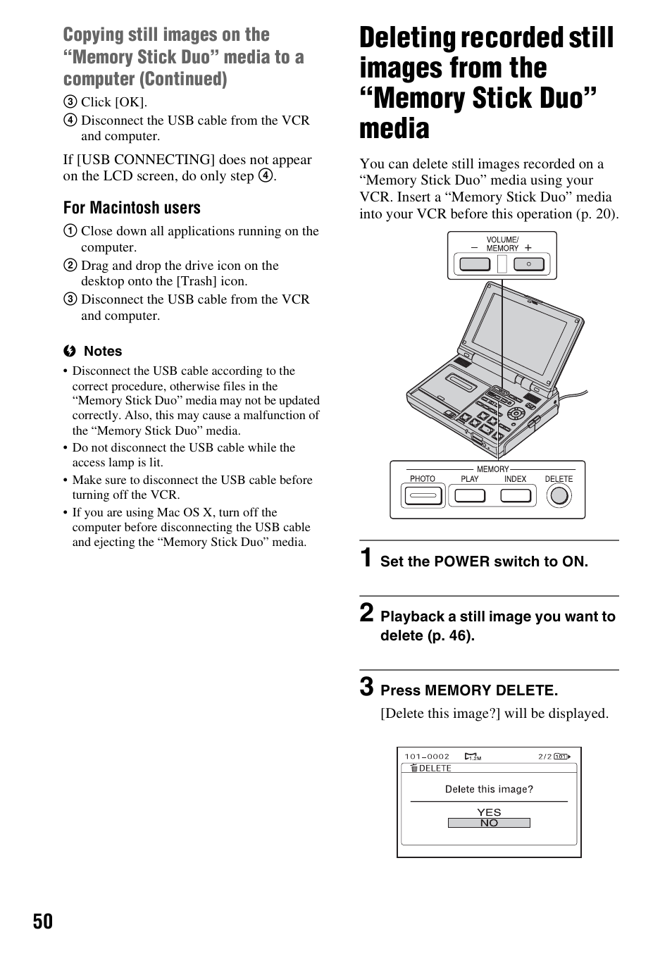 Deleting recorded still images from, The “memory stick duo” media | Sony GV-HD700E User Manual | Page 50 / 112