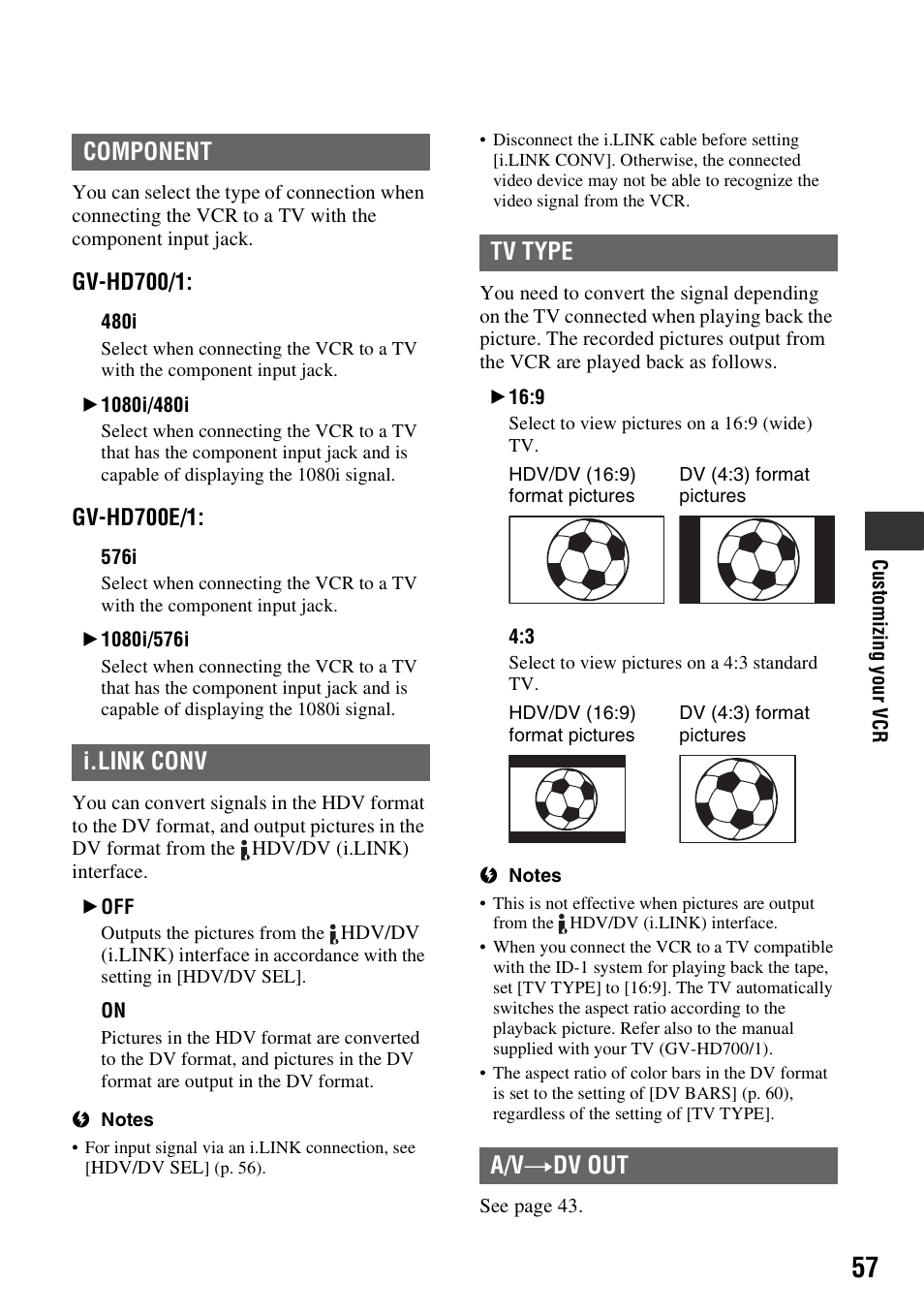 P. 57, Pe (p. 57, P. 57) | Omponent (p. 57), Component i.link conv tv type a/v t dv out | Sony GV-HD700E User Manual | Page 57 / 112