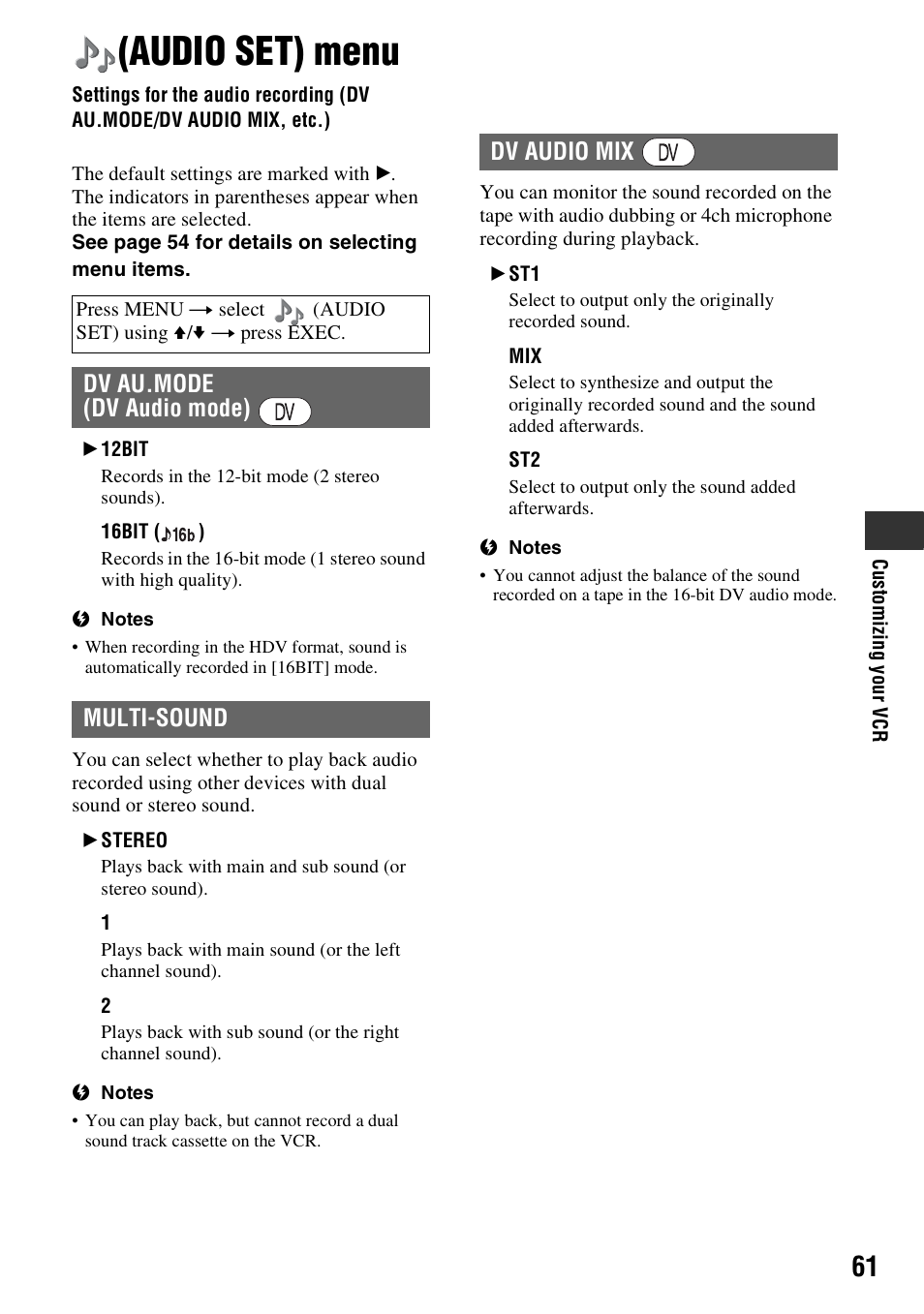Audio set) menu, Settings for the audio recording (dv, Au.mode/dv audio mix, etc.) | P. 61), T (p. 61), Dv au.mode (dv audio mode) multi-sound, Dv audio mix | Sony GV-HD700E User Manual | Page 61 / 112