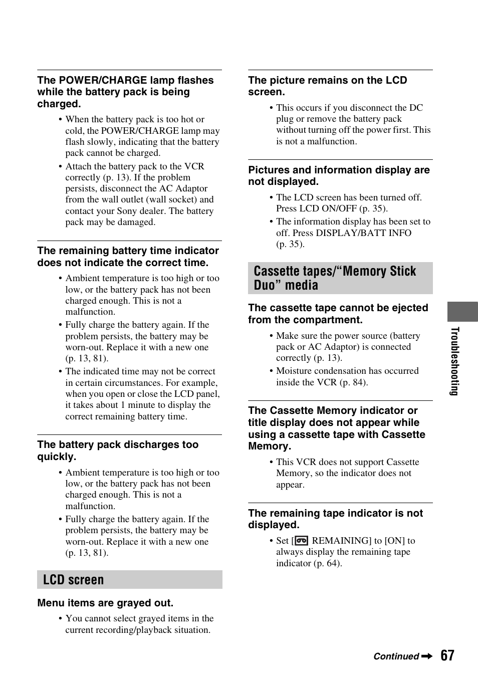 Lcd screen, Cassette tapes/“memory stick duo, Media | Sony GV-HD700E User Manual | Page 67 / 112