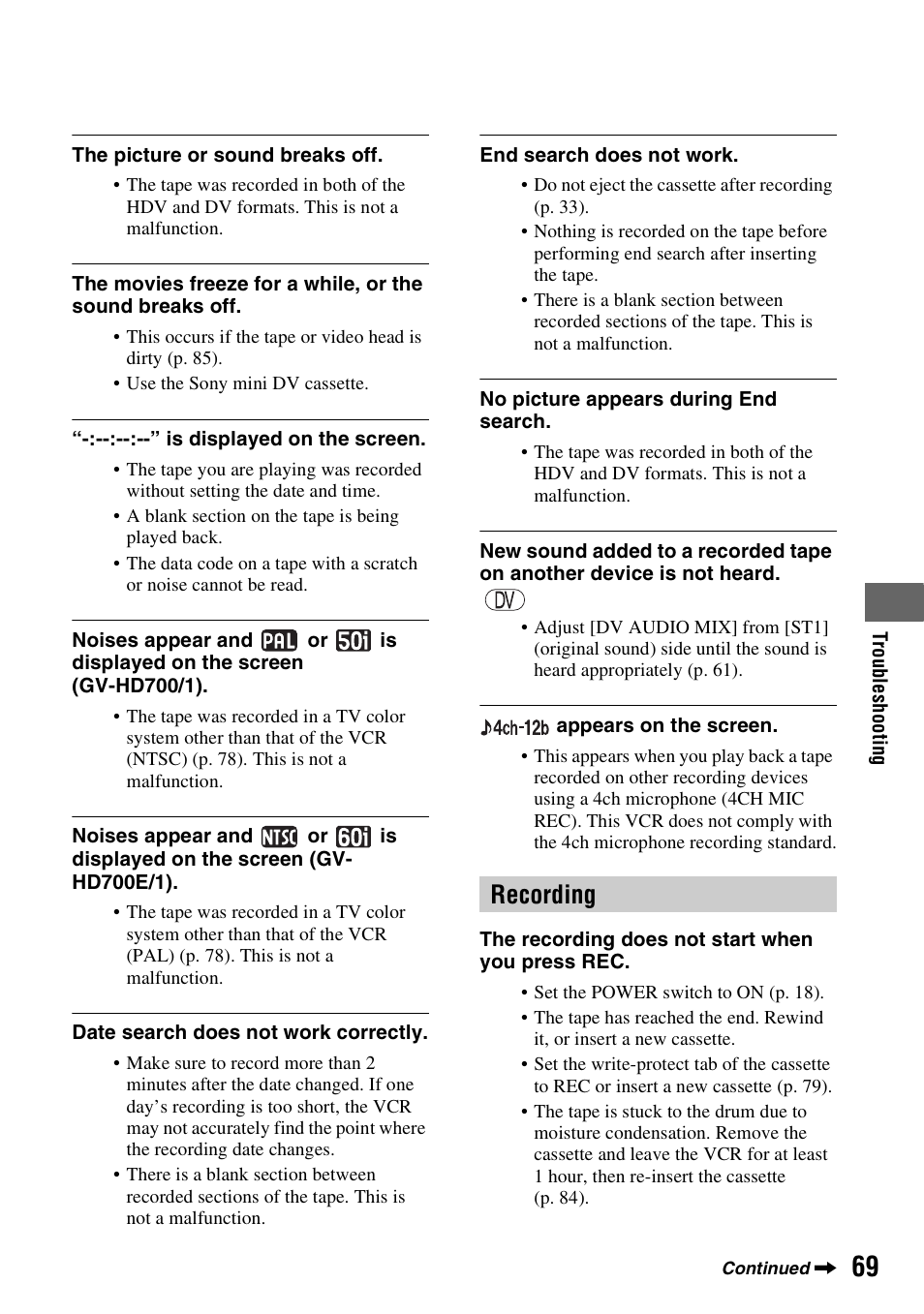 Recording | Sony GV-HD700E User Manual | Page 69 / 112