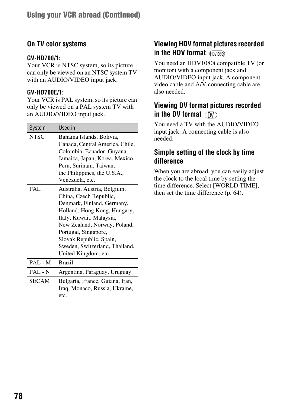 P. 78), Using your vcr abroad (continued) | Sony GV-HD700E User Manual | Page 78 / 112