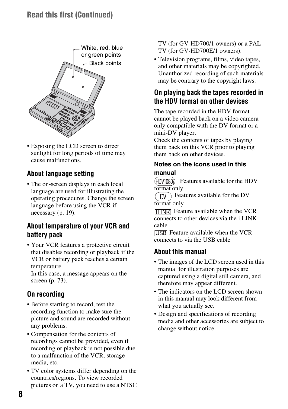 Read this first (continued) | Sony GV-HD700E User Manual | Page 8 / 112