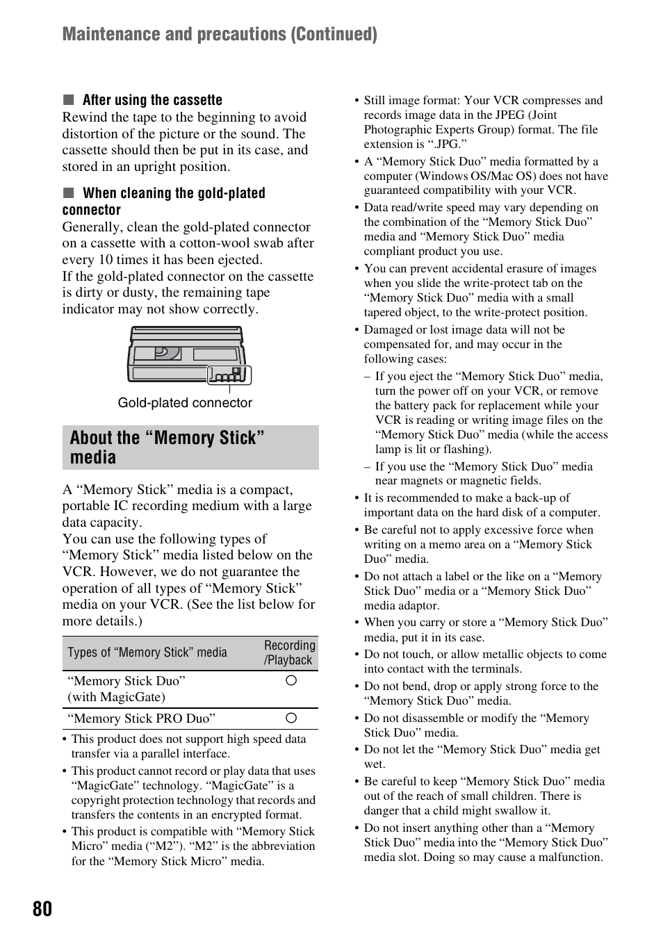 About the “memory stick” media, P. 80), Maintenance and precautions (continued) | Sony GV-HD700E User Manual | Page 80 / 112
