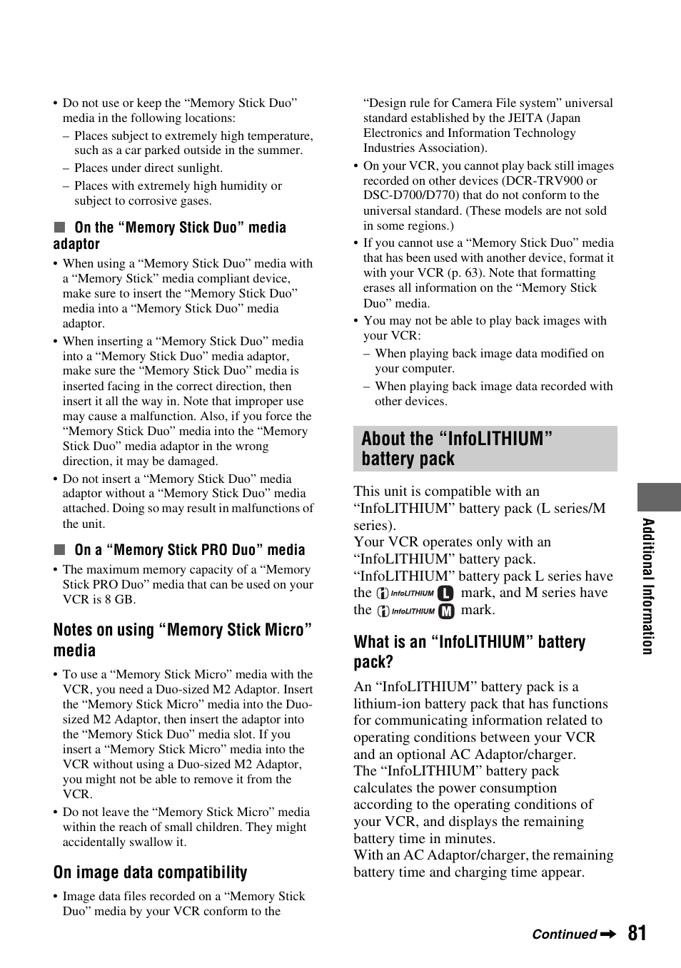 About the “infolithium” battery pack, About the “infolithium” battery, Pack | P. 81), On image data compatibility, What is an “infolithium” battery pack | Sony GV-HD700E User Manual | Page 81 / 112