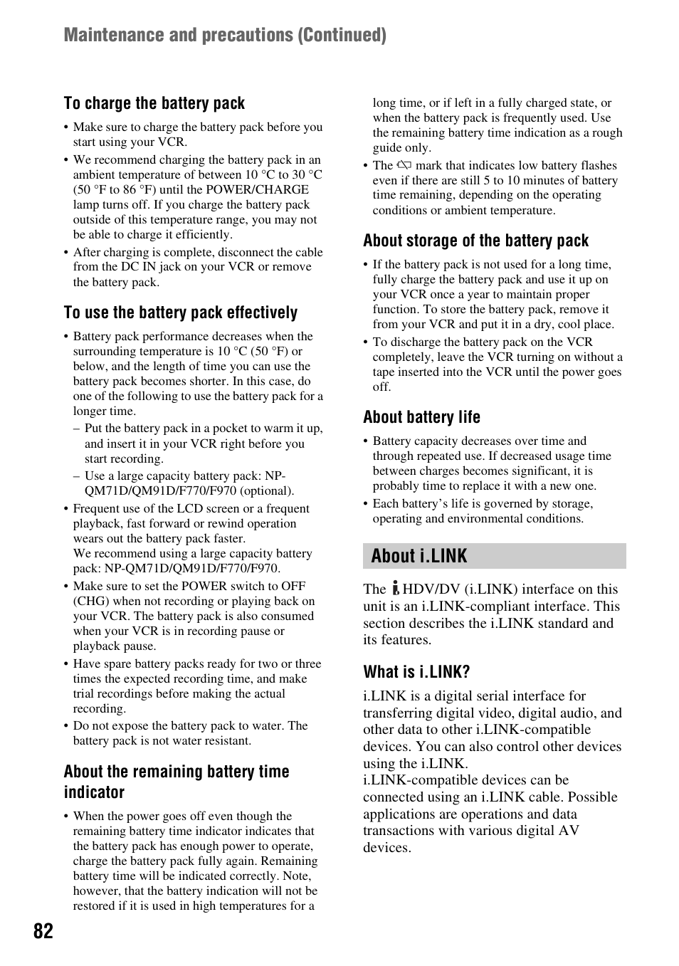 About i.link, About the remaining battery time indicator, About storage of the battery pack | About battery life, What is i.link | Sony GV-HD700E User Manual | Page 82 / 112