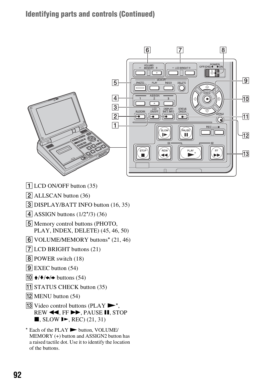 Identifying parts and controls (continued) | Sony GV-HD700E User Manual | Page 92 / 112