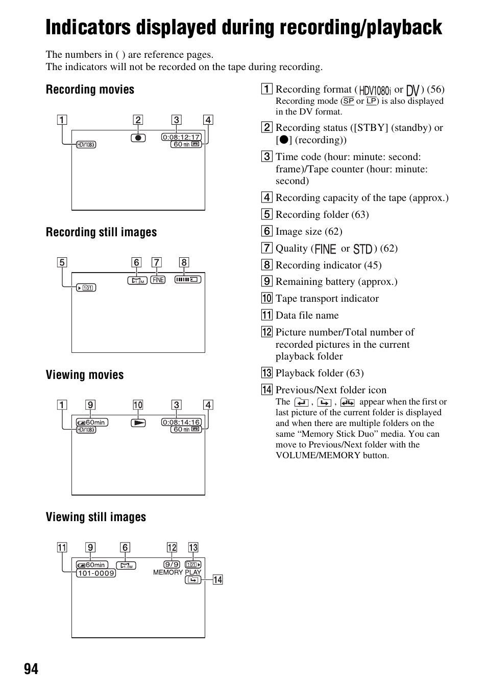 Indicators displayed during recording/playback, Indicators displayed during recording, Playback | Sony GV-HD700E User Manual | Page 94 / 112