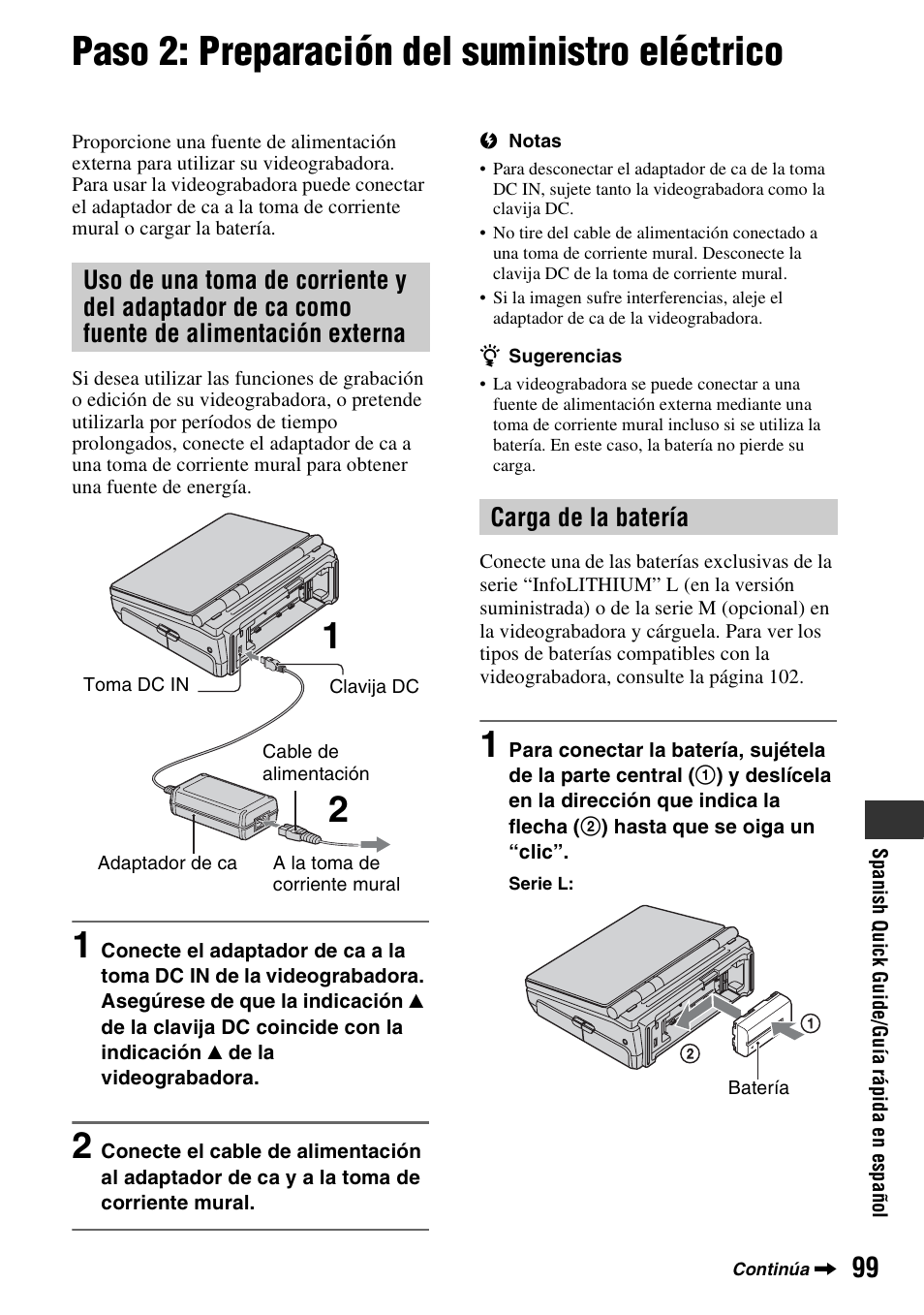 Paso 2: preparación del suministro eléctrico, Carga de la batería | Sony GV-HD700E User Manual | Page 99 / 112