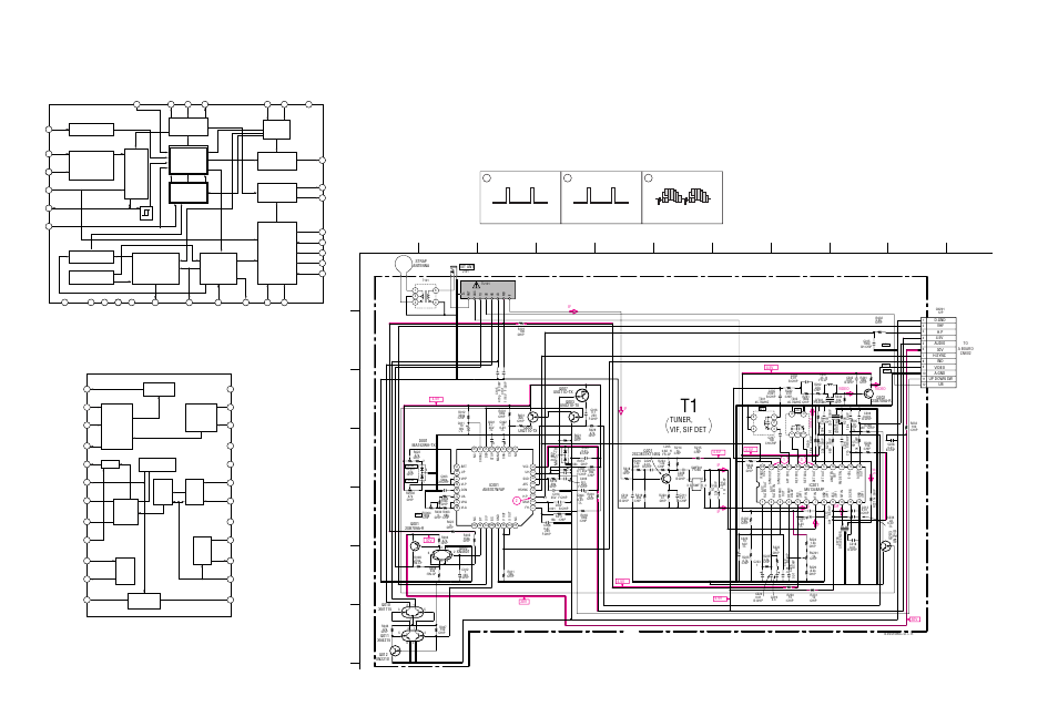 T1 board circuit, Video audio a.gnd, T1 board waveforms | Sony FDL-PT222 User Manual | Page 12 / 24