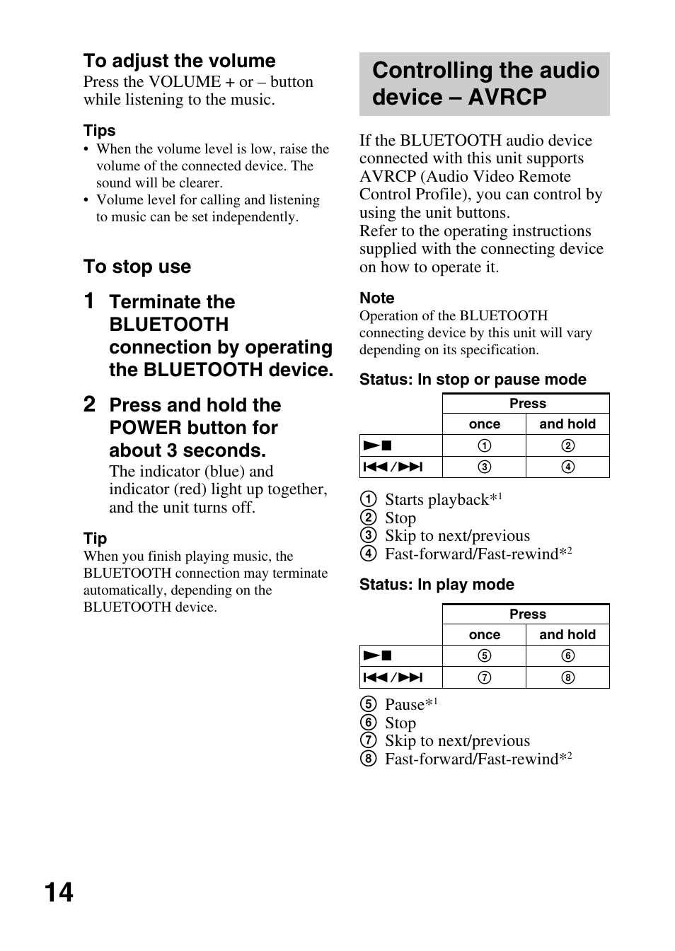 Controlling the audio device – avrcp, Controlling the audio, Device – avrcp | Sony DR-BT30Q User Manual | Page 14 / 28