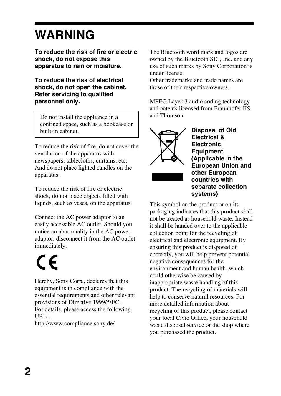 Warning | Sony DR-BT30Q User Manual | Page 2 / 28