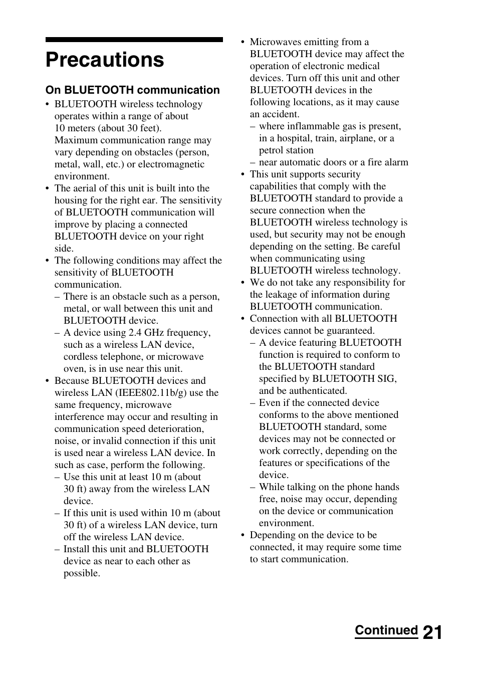 Precautions, Continued | Sony DR-BT30Q User Manual | Page 21 / 28