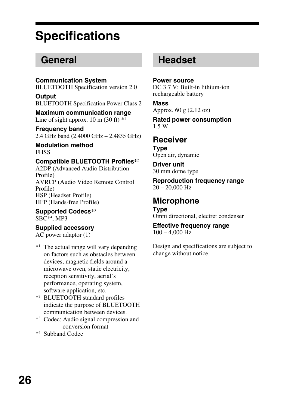 Specifications, General, Headset | Receiver, Microphone | Sony DR-BT30Q User Manual | Page 26 / 28