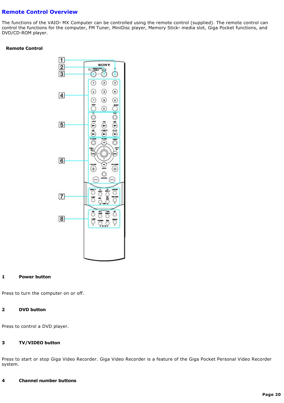 Remote control overview | Sony MX User Manual | Page 20 / 114