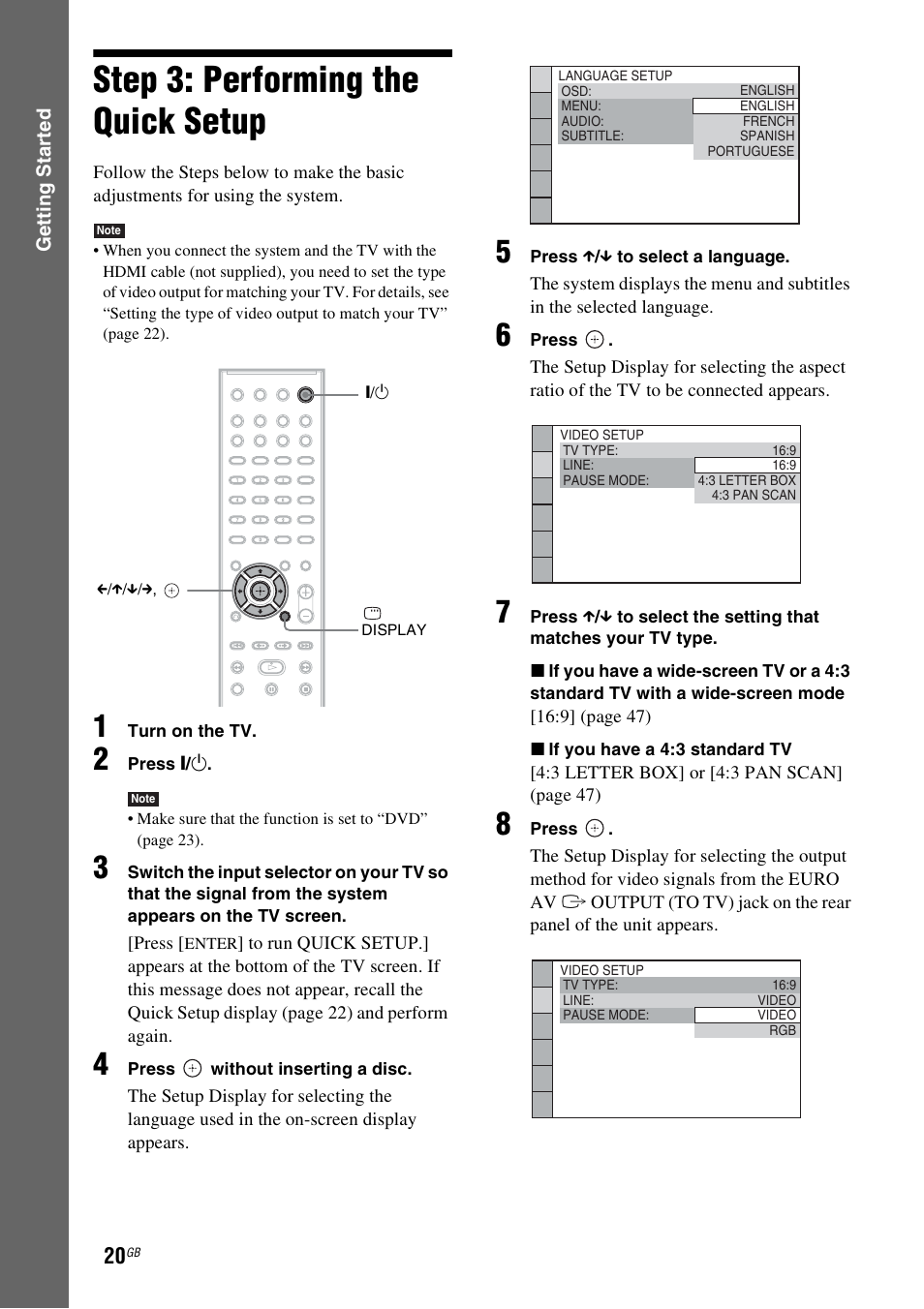 Step 3: performing the quick setup, Step 3: performing the quick, Setup | Sony 3-283-036-11(3) User Manual | Page 20 / 104