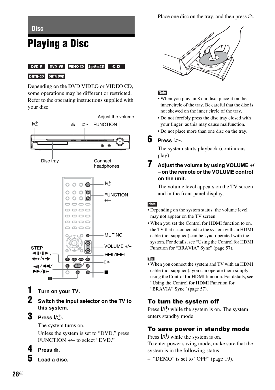 Disc, Playing a disc | Sony 3-283-036-11(3) User Manual | Page 28 / 104
