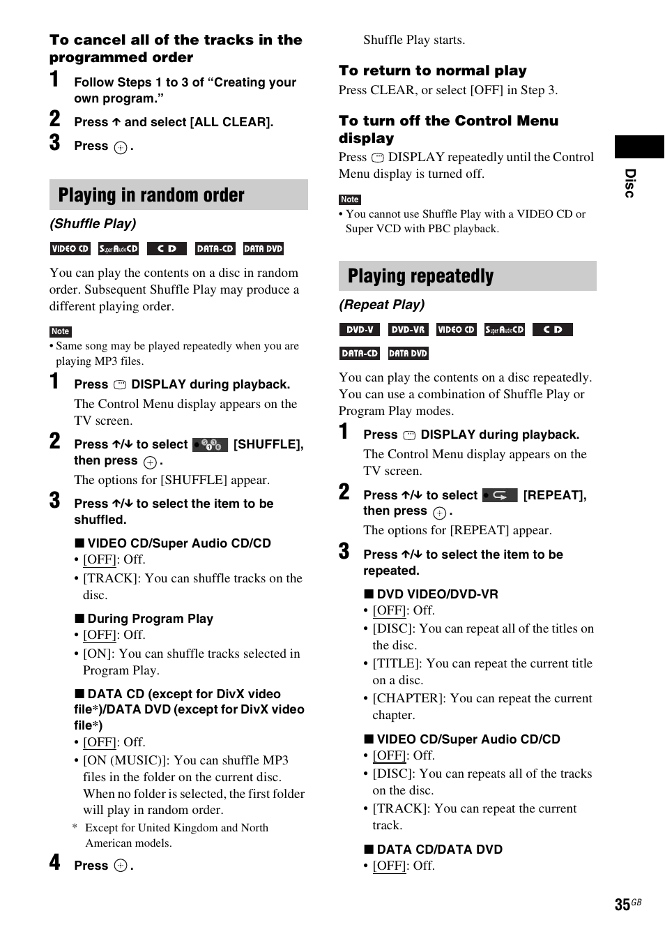 Playing in random order, Playing repeatedly | Sony 3-283-036-11(3) User Manual | Page 35 / 104