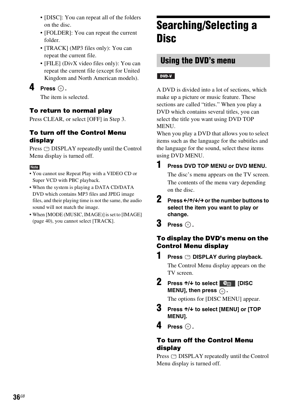 Searching/selecting a disc, Using the dvd’s menu | Sony 3-283-036-11(3) User Manual | Page 36 / 104