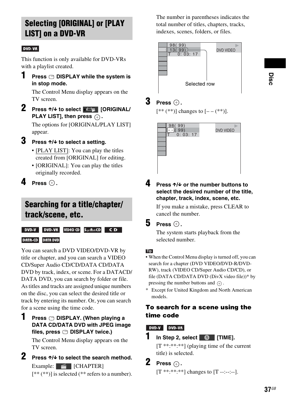 Selecting [original] or [play list] on a dvd-vr, Searching for a title/chapter/ track/scene, etc | Sony 3-283-036-11(3) User Manual | Page 37 / 104