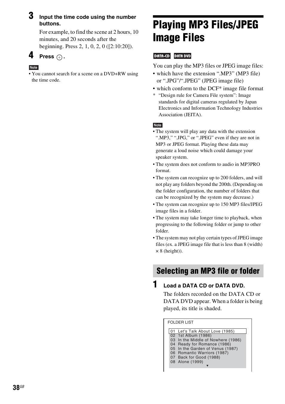 Playing mp3 files/jpeg image files, Selecting an mp3 file or folder | Sony 3-283-036-11(3) User Manual | Page 38 / 104