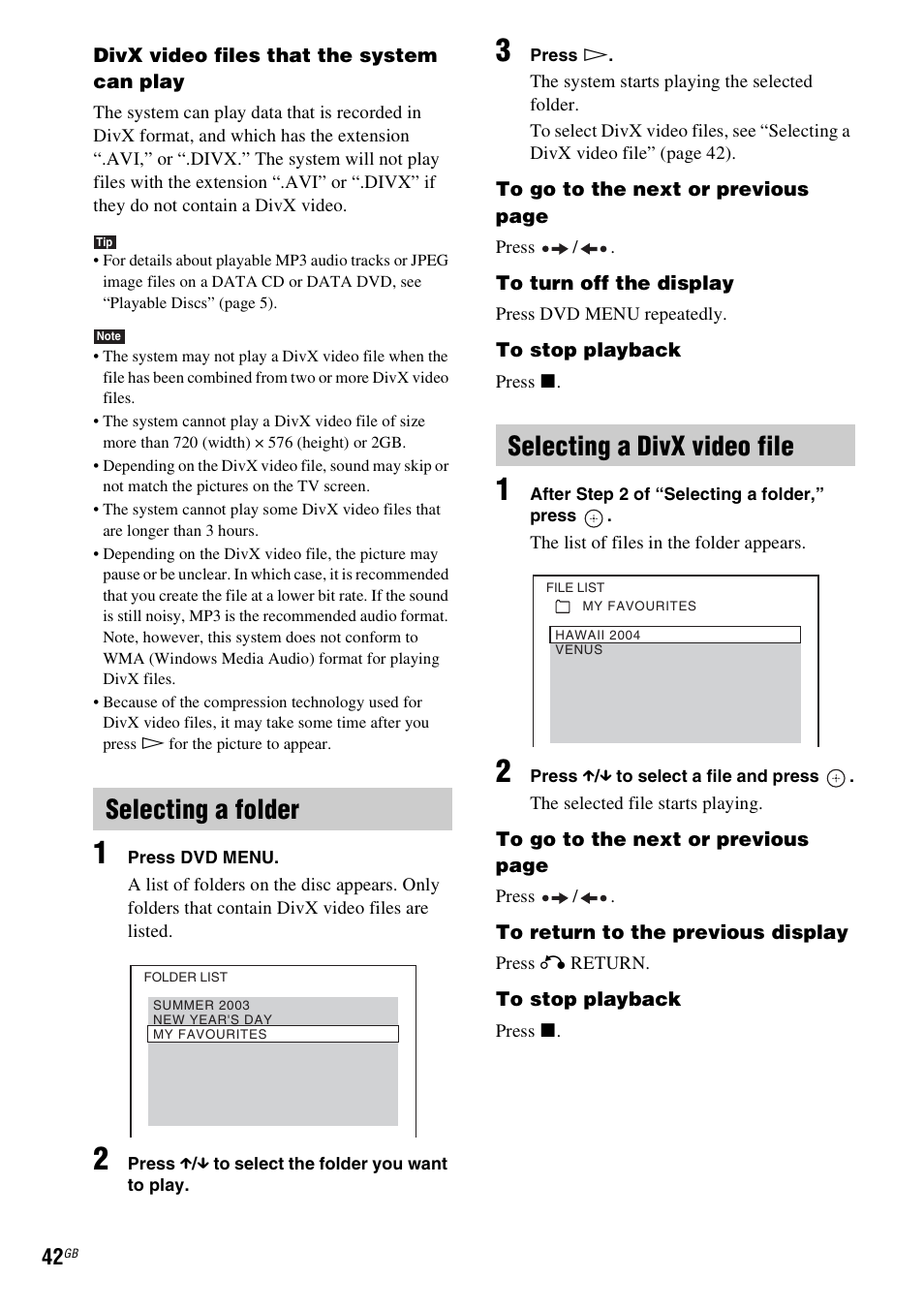 Selecting a folder, Selecting a divx video file | Sony 3-283-036-11(3) User Manual | Page 42 / 104