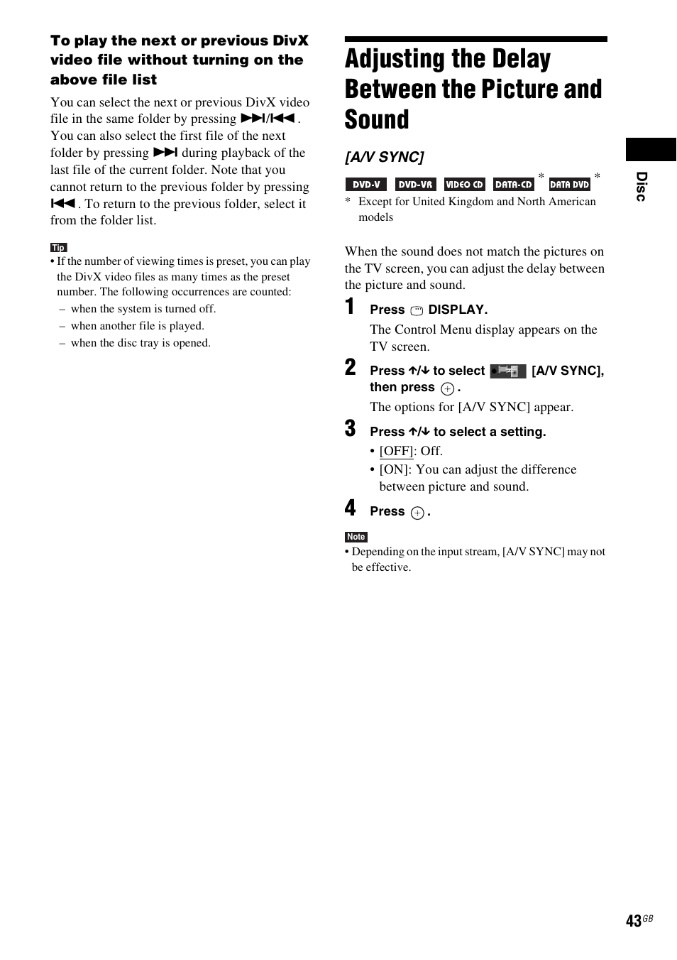 Adjusting the delay between the picture and sound, Adjusting the delay between the picture, And sound | Sony 3-283-036-11(3) User Manual | Page 43 / 104