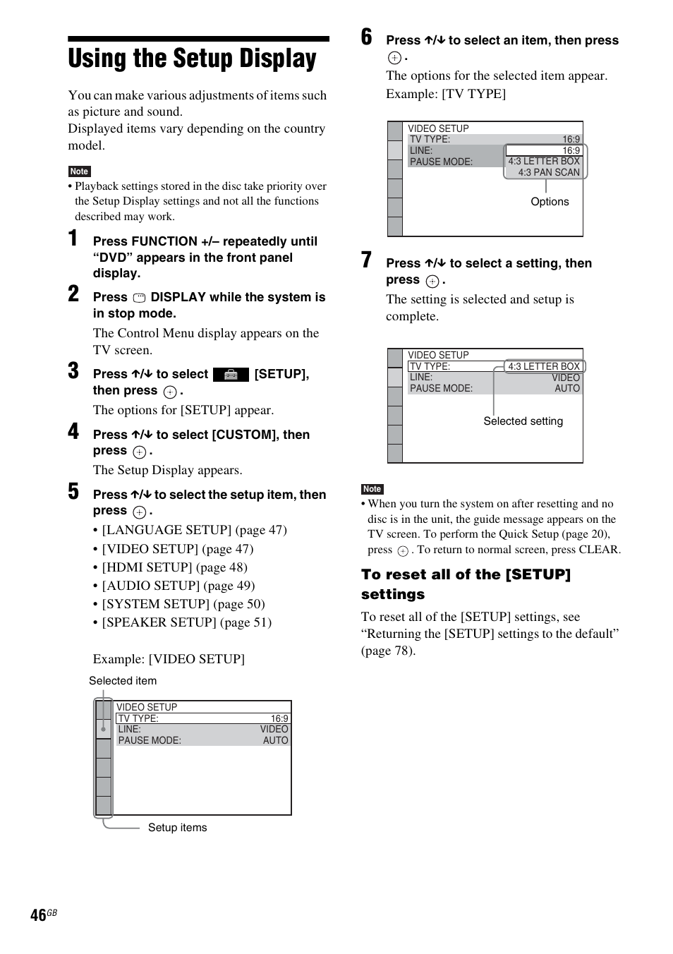 Using the setup display, Using | Sony 3-283-036-11(3) User Manual | Page 46 / 104