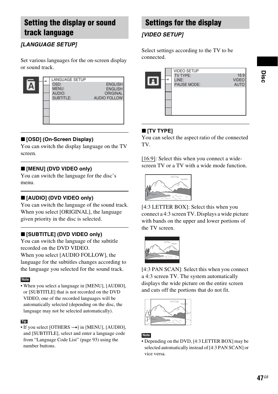 Setting the display or sound track language, Settings for the display | Sony 3-283-036-11(3) User Manual | Page 47 / 104