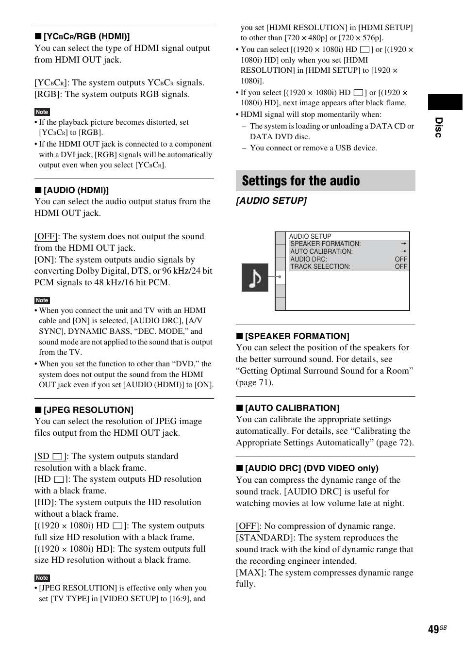 Settings for the audio, Dis c | Sony 3-283-036-11(3) User Manual | Page 49 / 104