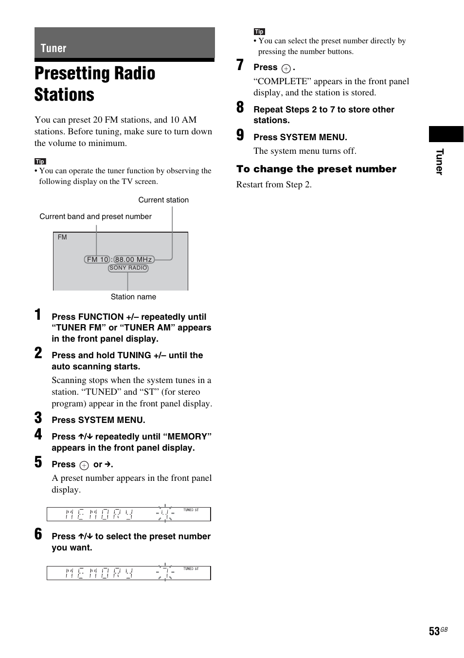 Tuner, Presetting radio stations | Sony 3-283-036-11(3) User Manual | Page 53 / 104
