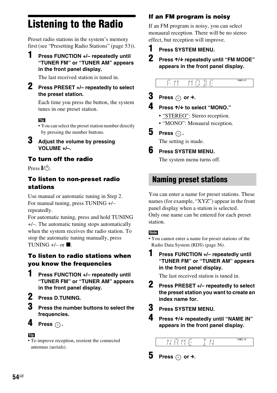 Listening to the radio, Naming preset stations | Sony 3-283-036-11(3) User Manual | Page 54 / 104