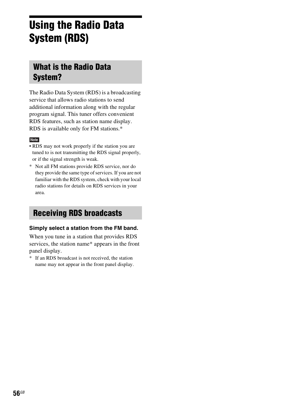 Using the radio data system (rds), What is the radio data system, Receiving rds broadcasts | Using the radio data system, Rds) | Sony 3-283-036-11(3) User Manual | Page 56 / 104