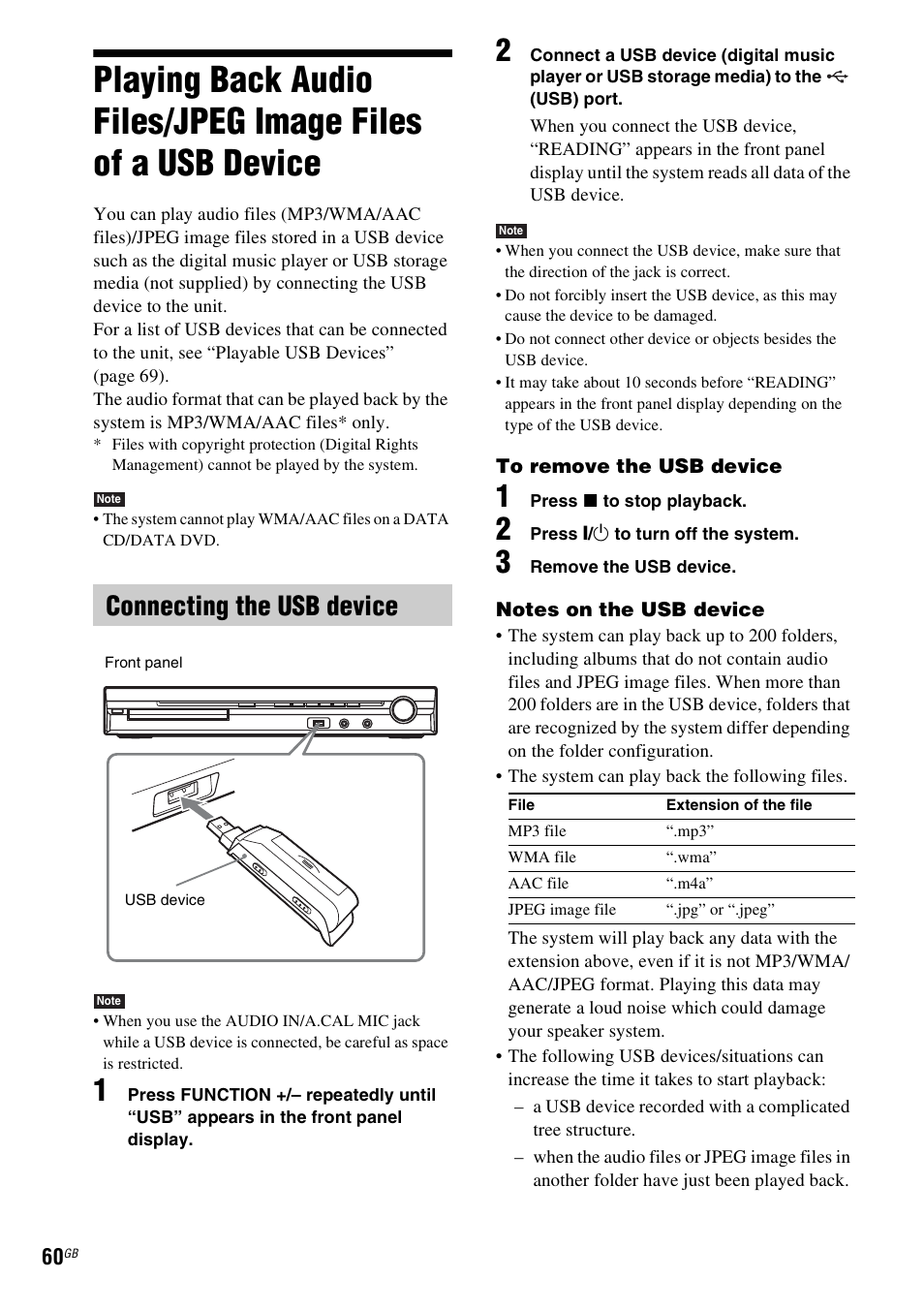Connecting the usb device, Playing back audio files/jpeg image, Files of a usb device | Sony 3-283-036-11(3) User Manual | Page 60 / 104