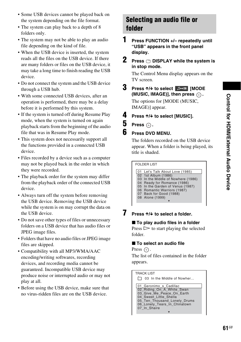 Selecting an audio file or folder | Sony 3-283-036-11(3) User Manual | Page 61 / 104