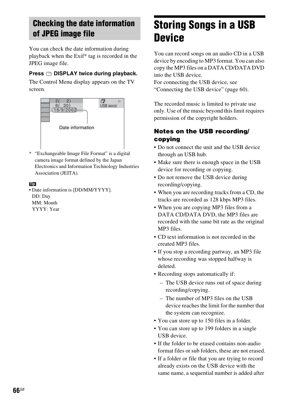 Checking the date information of jpeg image file, Storing songs in a usb device | Sony 3-283-036-11(3) User Manual | Page 66 / 104