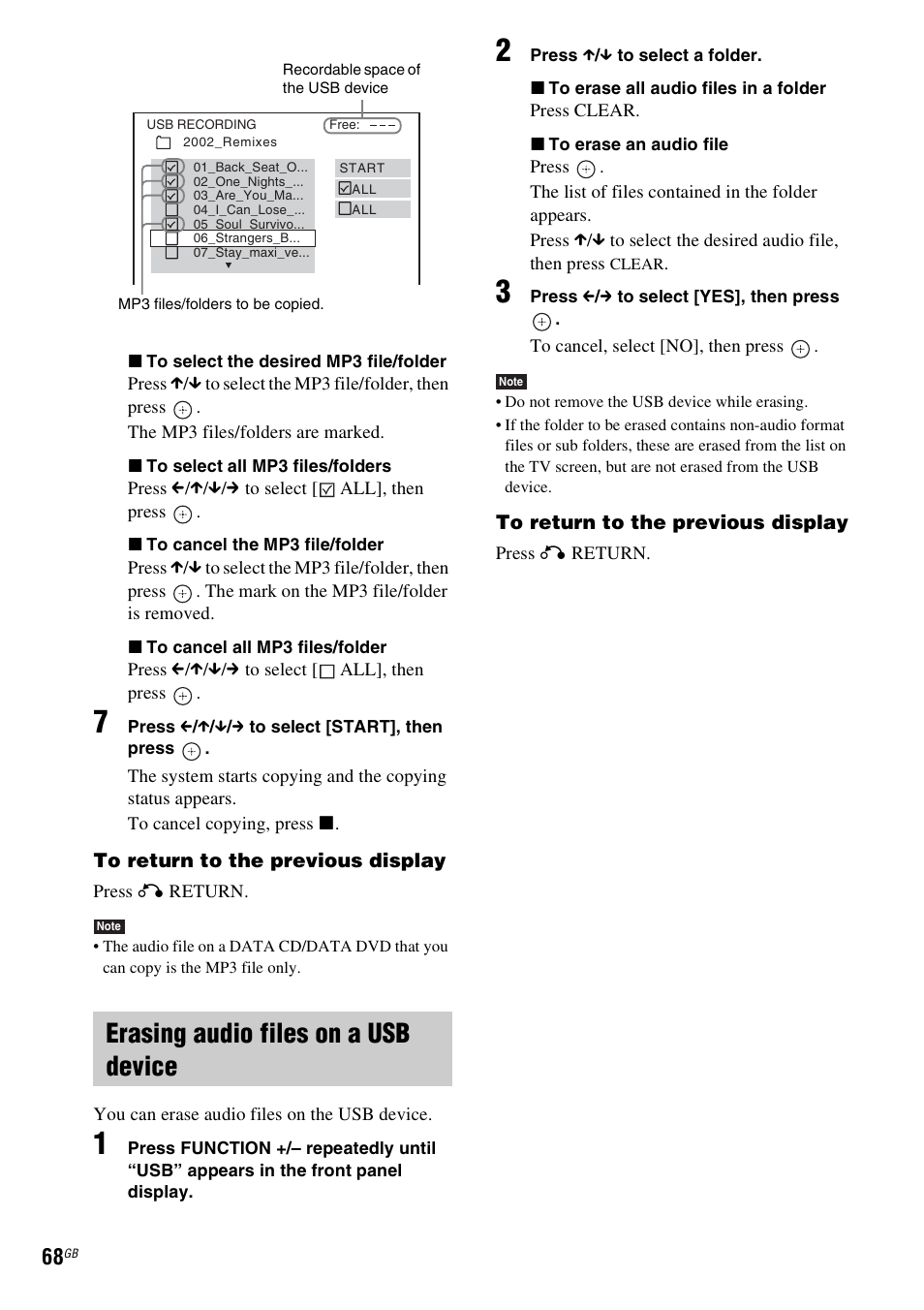 Erasing audio files on a usb device | Sony 3-283-036-11(3) User Manual | Page 68 / 104