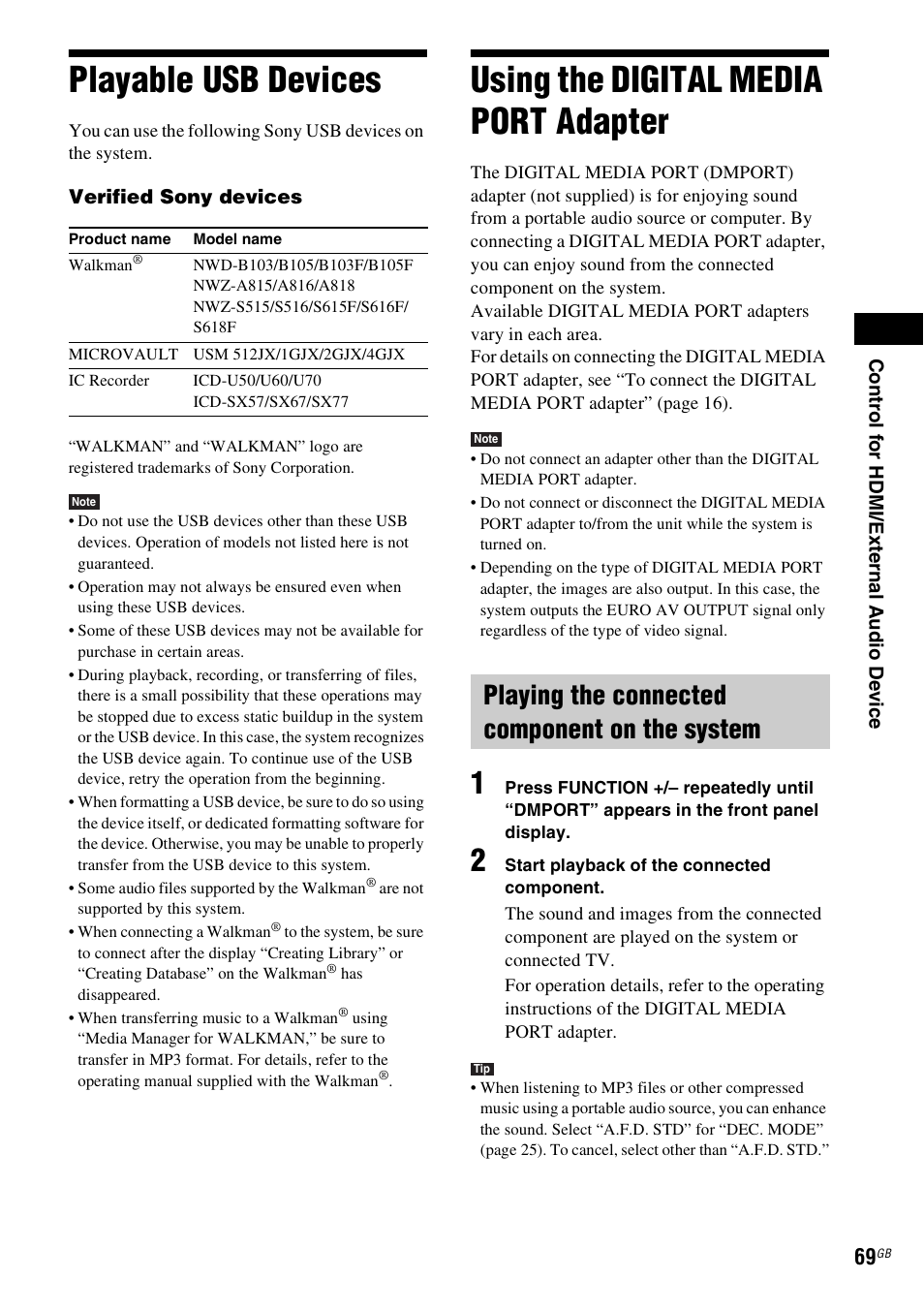 Playable usb devices, Using the digital media port adapter, Playing the connected component on the system | Using the digital media port, Adapter | Sony 3-283-036-11(3) User Manual | Page 69 / 104
