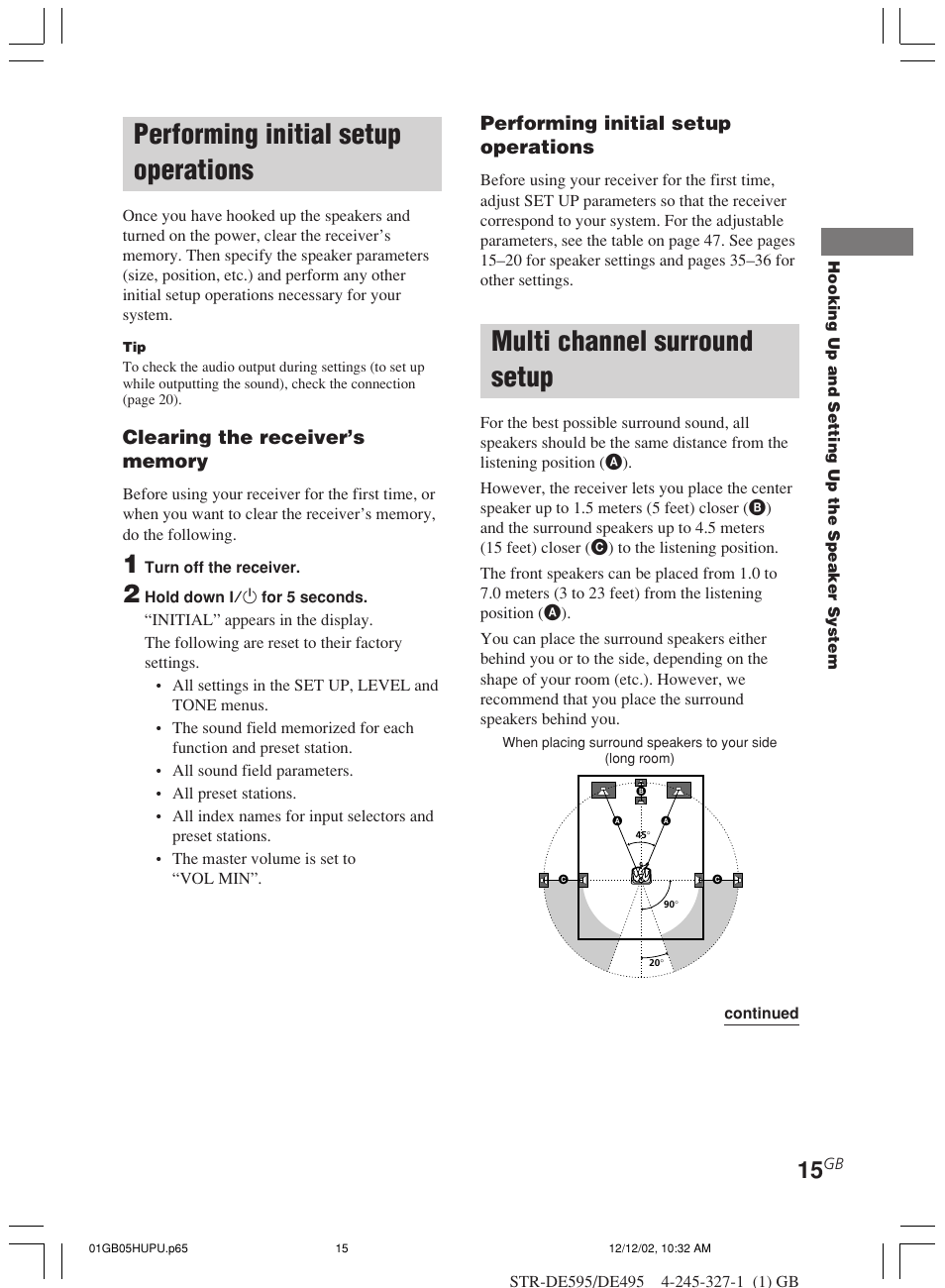 Performing initial setup operations, Multi channel surround setup | Sony STR-DE595 User Manual | Page 15 / 48