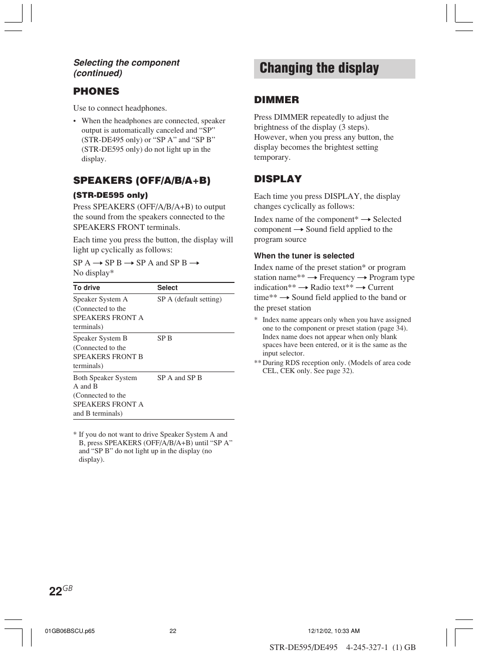 Changing the display | Sony STR-DE595 User Manual | Page 22 / 48